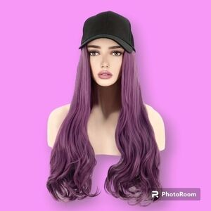 27" Purple Wavy Baseball Hat Synthetic Wig